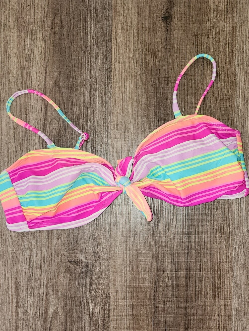 No Boundaries Juniors Striped Bikini Swim Top - Pink Multicolor Knot Bandeau Top